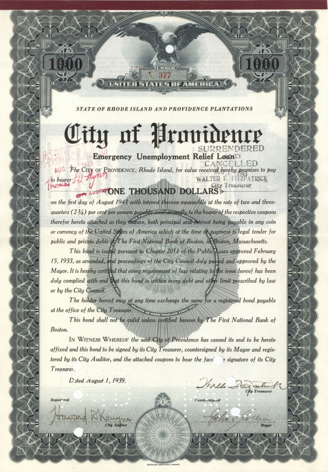 City of Providence - $1,000 Bond - Emergency Unemployment Relief Loan