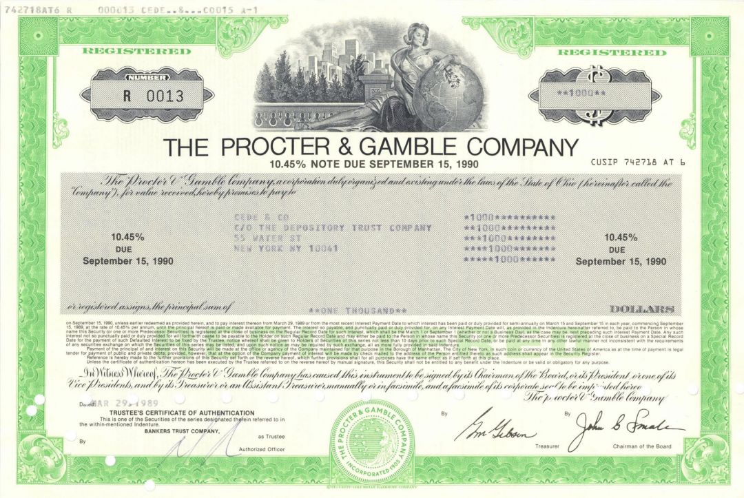 Procter & Gamble Company - dated 1980's Consumer Goods Corp. Registered Bond