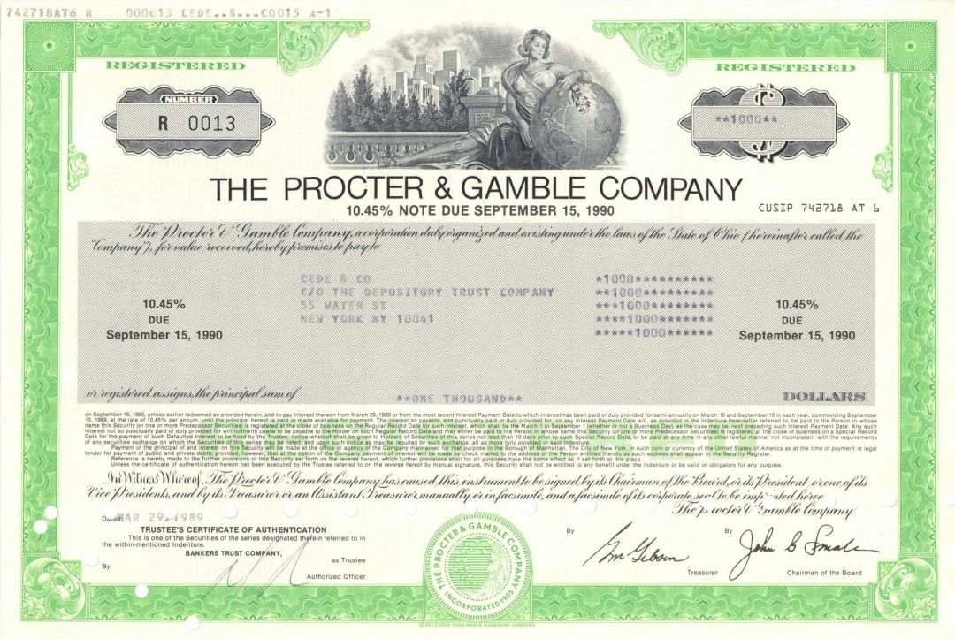 Procter and Gamble Company - 1980's dated Consumer Goods Corp. Registered Bond