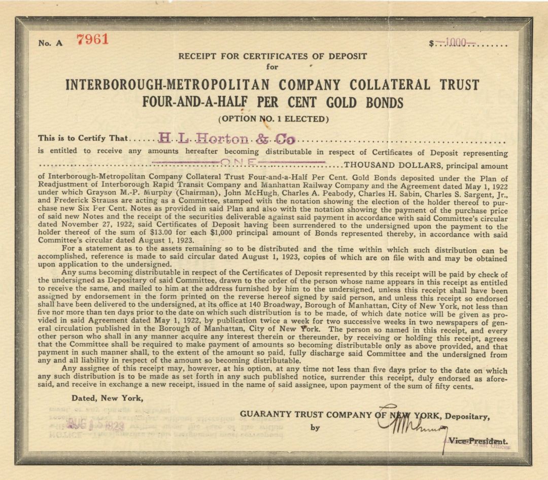 Interborough-Metropolitan Company Collateral Trust - $1,000 Bond