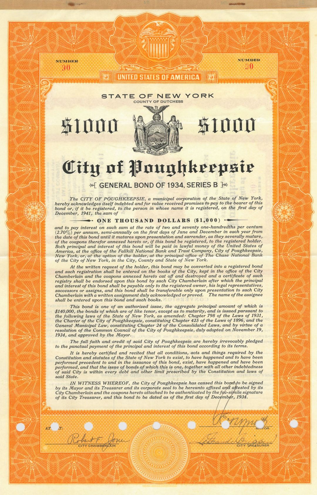 City of Poughkeepsie - dated 1929-35 $1,000 Bond - Various Colors to Choose From - Available in Brown, Orange or Olive