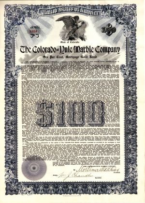 Colorado=Yule Marble Co. - 1913 dated $100 Yule Marble Colorado Mining Bond