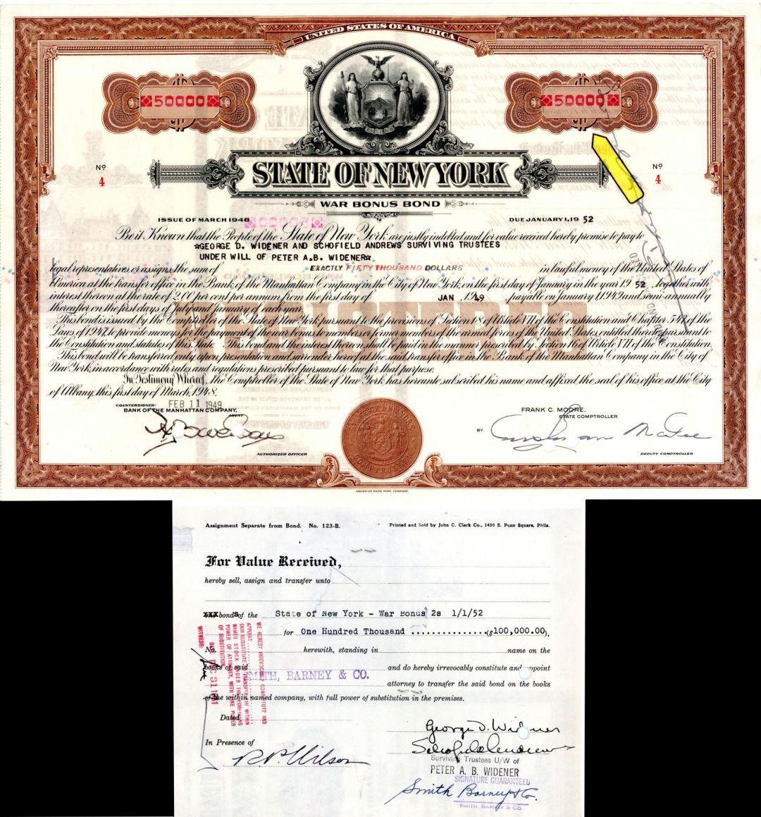 State of New York - 1949 dated $50,000 War Bonus Bond Signed by Son of George D. Widener