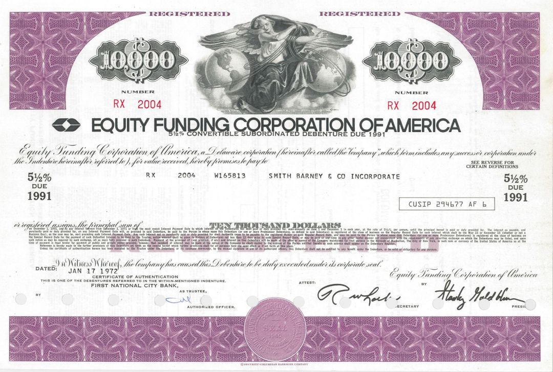 Equity Funding Corporation of America dated 1972 - $10,000 or $1,000 Bond