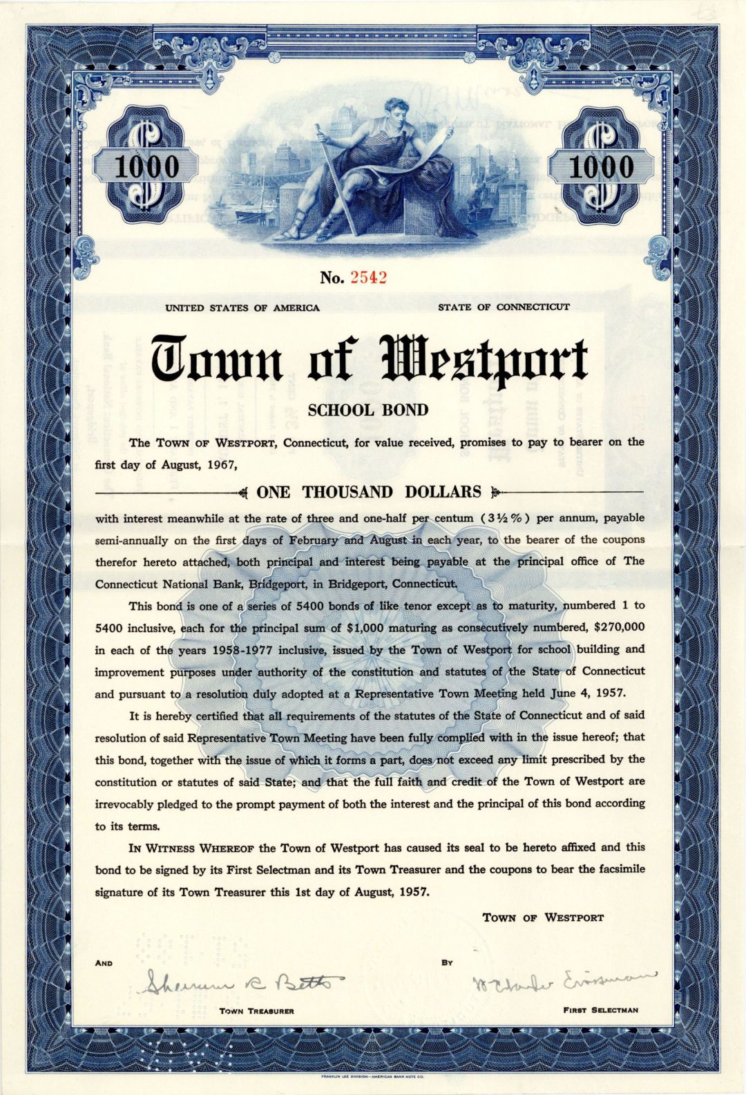 Town of Westport - 1957 dated $1,000 Bond