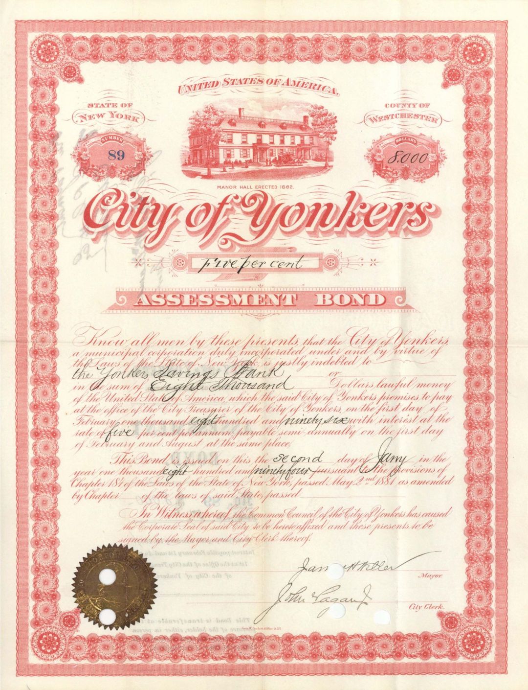 City of Yonkers, County of Westchester - 1894 or 1896 dated $5,000 or $8,000 Bond