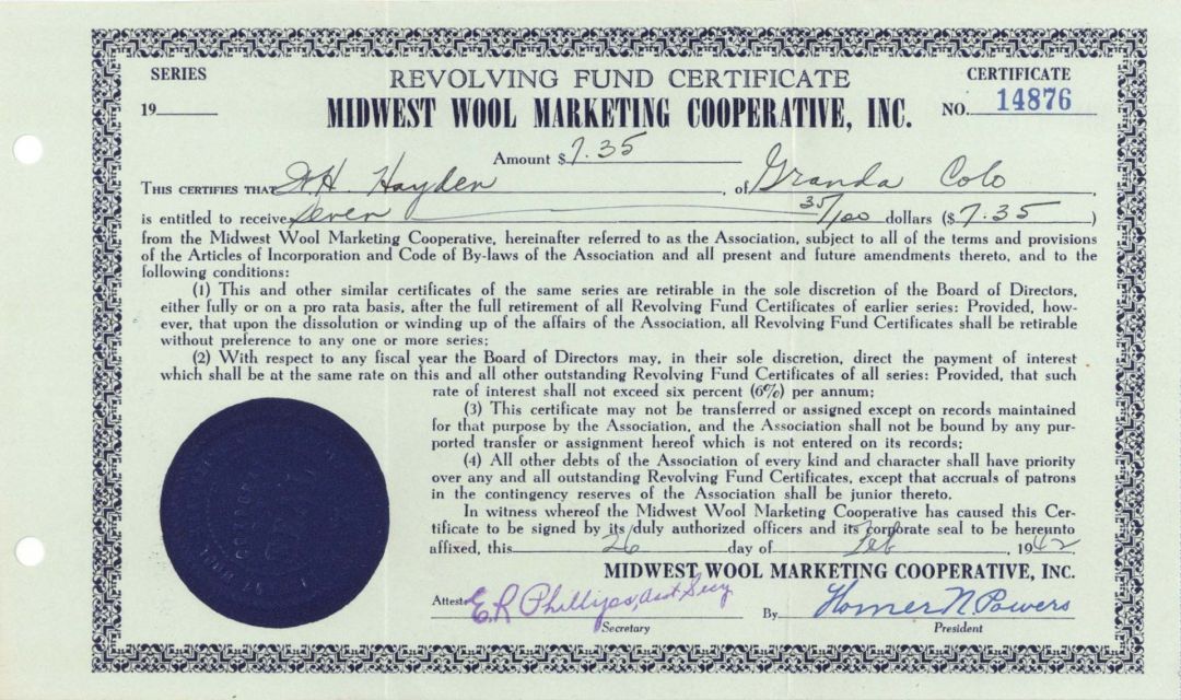 Midwest Wool Marketing Cooperative, Inc. - 1942 dated $7.35 Bond