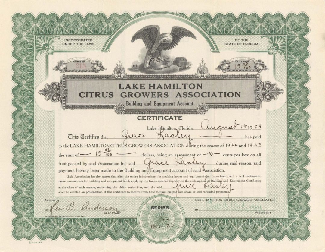 Lake Hamilton Citrus Growers Assoc.  - 1923-1933 dated Various Denominations Bond