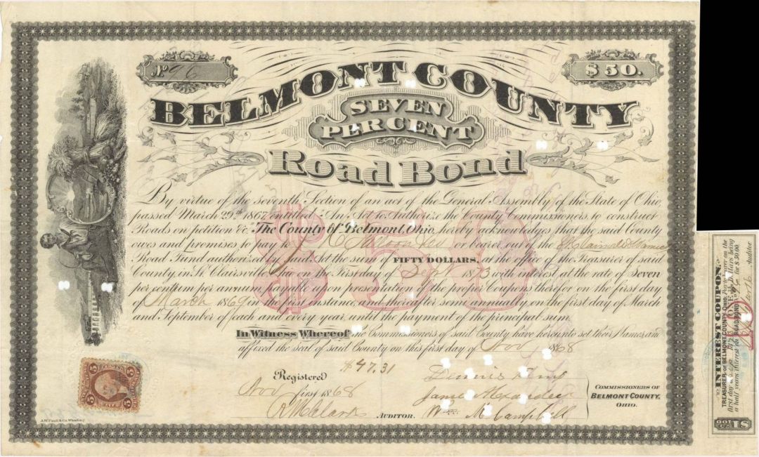Belmont County Road Bond  - 1868 or 1869 dated $50 or $500 Bond