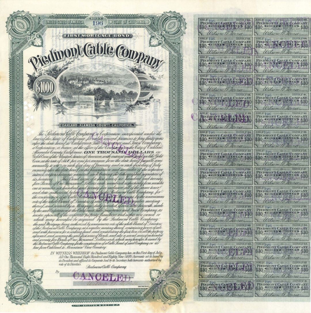 Piedmont Cable Co.  - 1889 dated $1,000 Bond