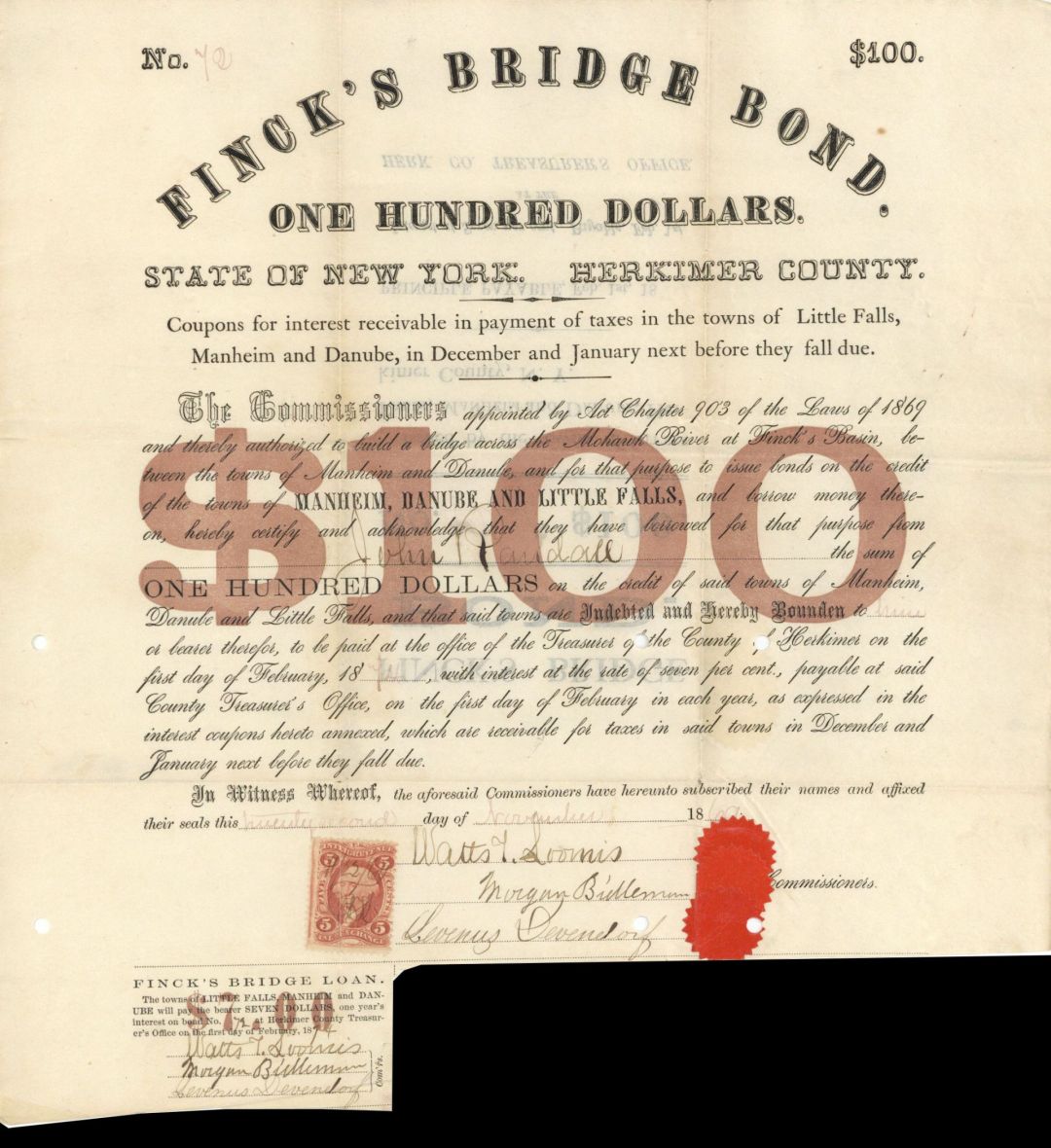 Finck's Bridge Bond -  $100 1869 dated Bond
