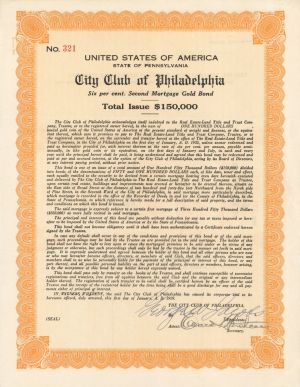 City Club of Philadelphia -  1929 dated $150,000 Bond