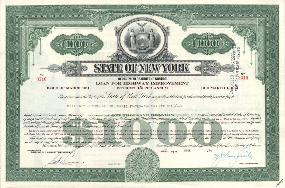 State of New York Issued to Attorney General of the United States - 1954 dated $1,000 Bond