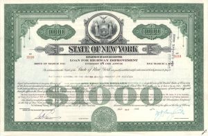 State of New York Issued to Attorney General of the United States - 1954 dated $1,000 Bond