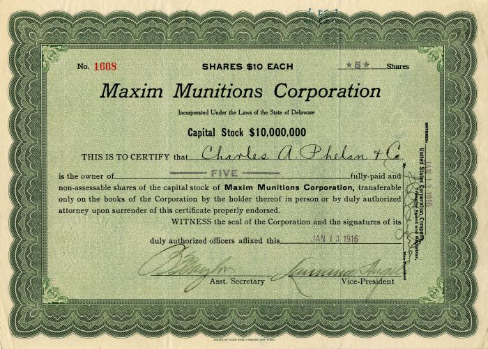 Maxim Munitions Corporation - Stock Certificate