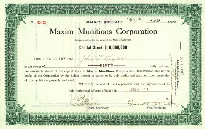 Maxim Munitions Corporation - Hiram Percy Maxim - Ammunition Stock Certificate (Uncanceled)