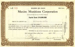 Maxim Munitions Corporation - Hiram Percy Maxim - Ammunition Stock Certificate (Uncanceled)