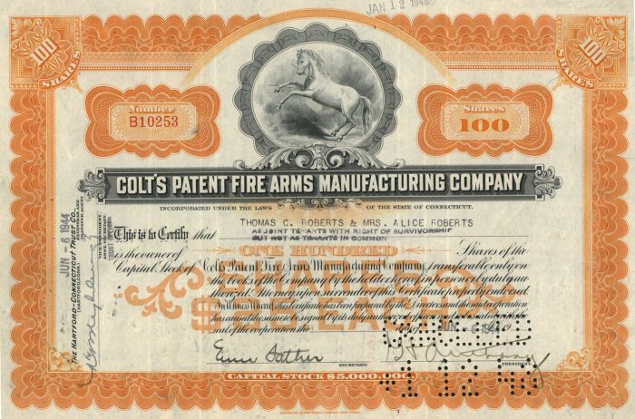 Colt's Patent Fire Arms Manufacturing Co. - Gun Stock Certificate - Orange Color - Rare Type