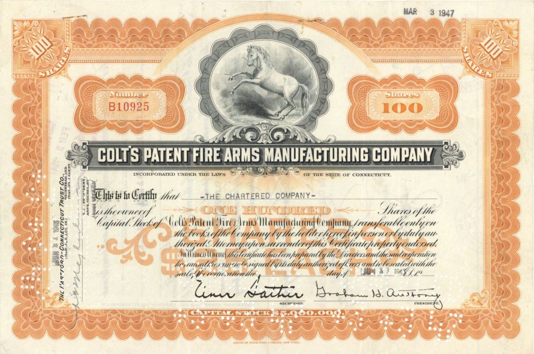Colt's Patent Fire Arms Manufacturing Co. - 1945 dated Gun Stock Certificate - Orange Color - Rare Type