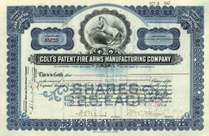 Colt's Patent Fire Arms Manufacturing Co. - Gun Stock Certificate - Blue Color - Rare Type