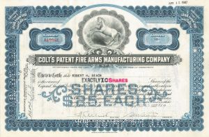 Colt's Patent Fire Arms Manufacturing Co. - 1920's dated Gun Stock Certificate - Blue Color - Rare Type