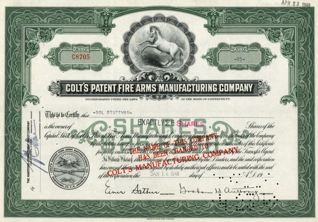 Colt's Patent Fire Arms Manufacturing Co. - 1940's dated Gun Stock Certificate - Green Color Type