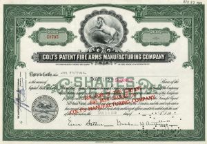 Colt's Patent Fire Arms Manufacturing Co. - Gun Stock Certificate - Green Color