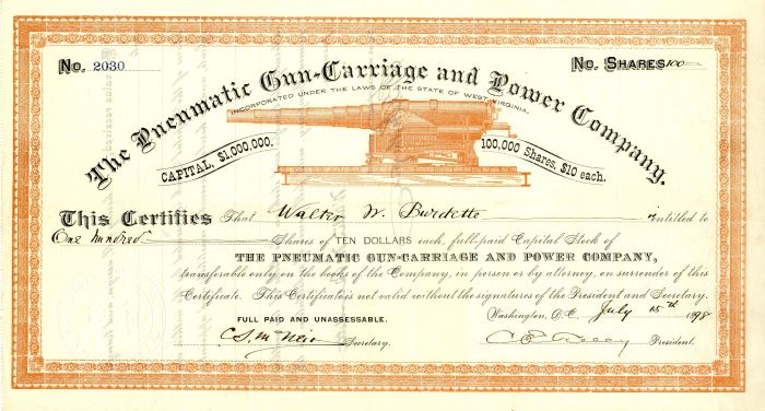 Pneumatic Gun-Carriage and Power Co. - Stock Certificate with Cannon Vignette