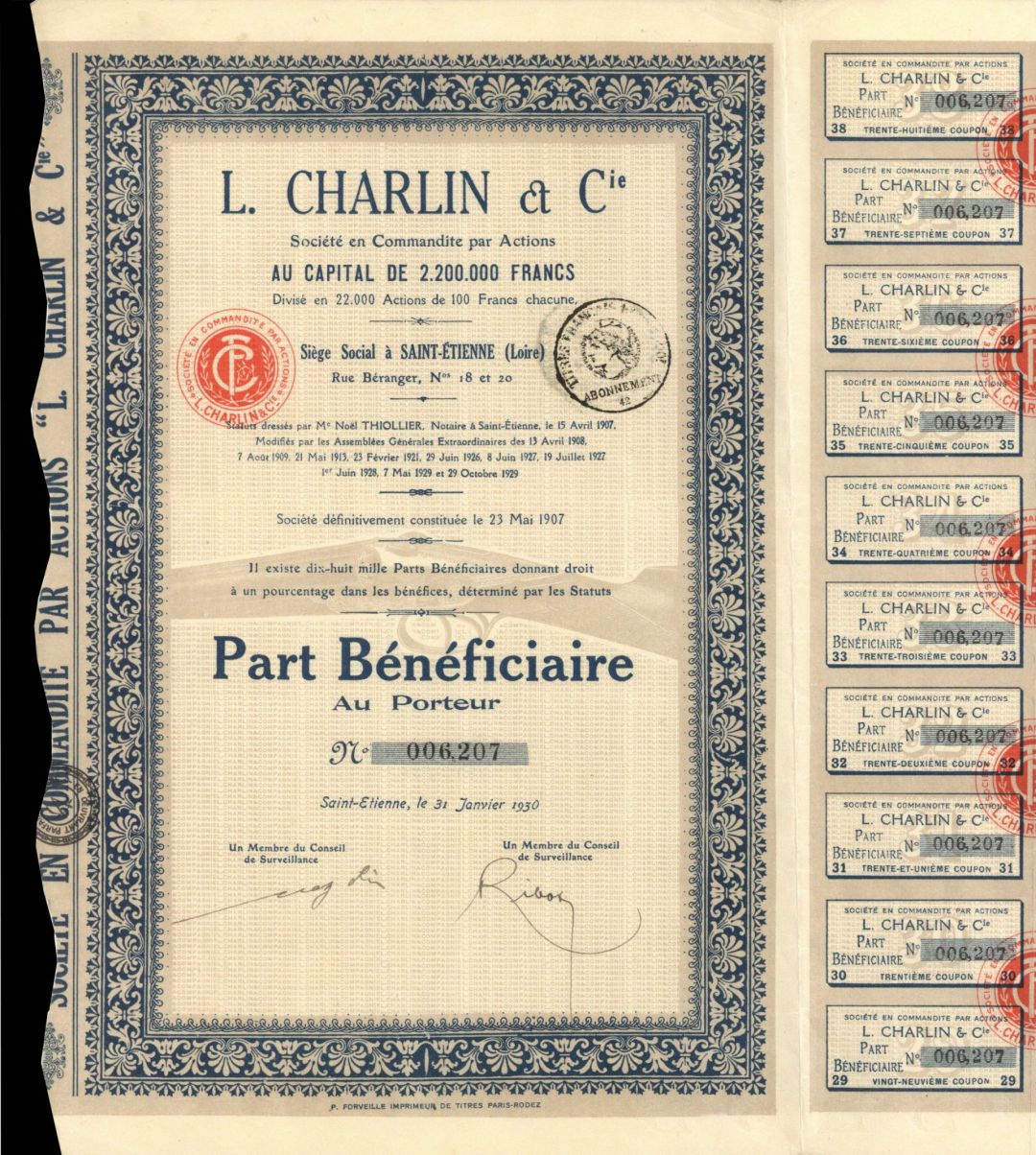 L. Charlin et Cie - French Gun Manufacturer Stock Certificate