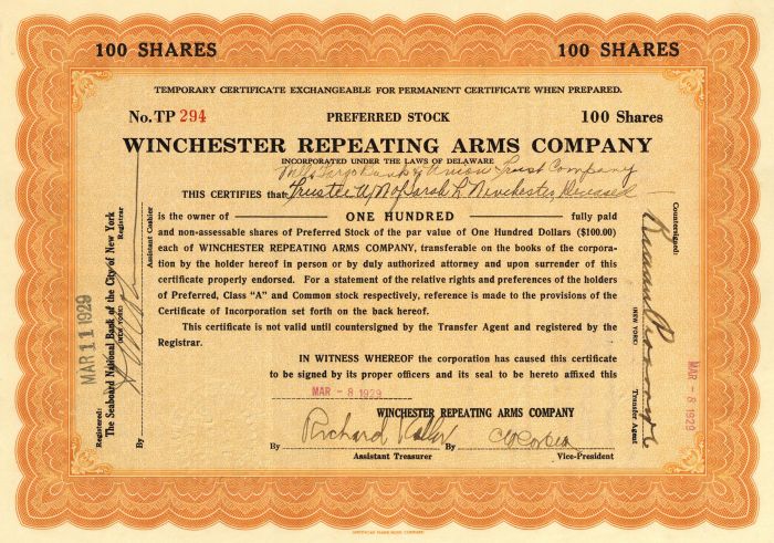 Winchester Repeating Arms Co. issued to Wells Fargo Bank and Union Trust Co., Trustee under the will of Sarah Lockwood Winchester as Deceased -  Gun Stock Certificate