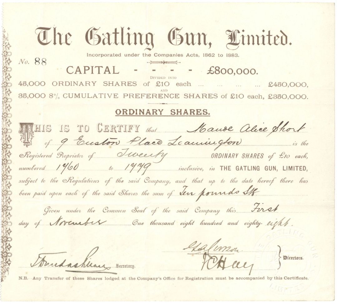 Gatling Gun, Ltd. - 1888 dated Gun Stock Certificate - Only 1 Known!