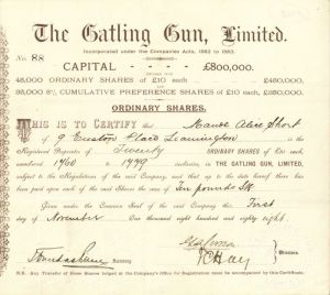 Gatling Gun, Ltd. - Gun Stock Certificate - Only 1 Known