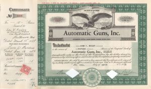 Automatic Guns, Inc. - 1938 dated Stock Certificate