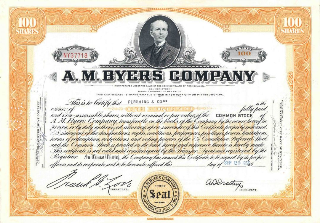A. M. Byers Co. - Stock Certificate - Great History - Alexander McBurney Byers