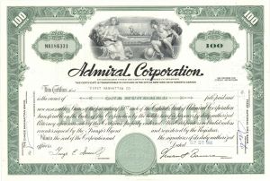 Admiral Corporation - 1960's dated Stock Certificate - American Appliance Brand