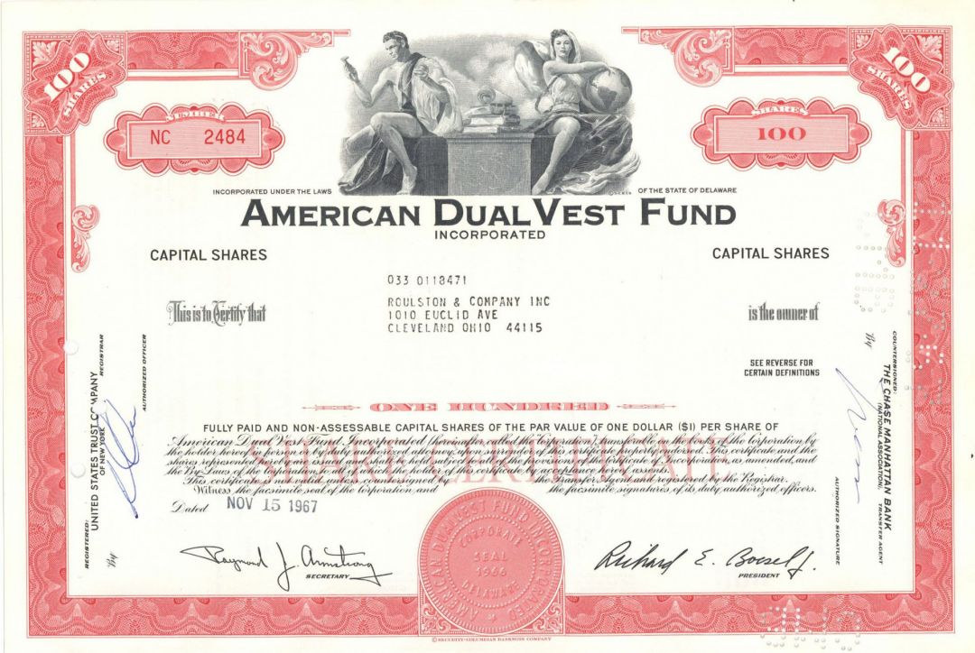 American Dual Vest Fund Inc. - 1960's-70's dated Stock Certificate - Available in Red, Brown or Blue