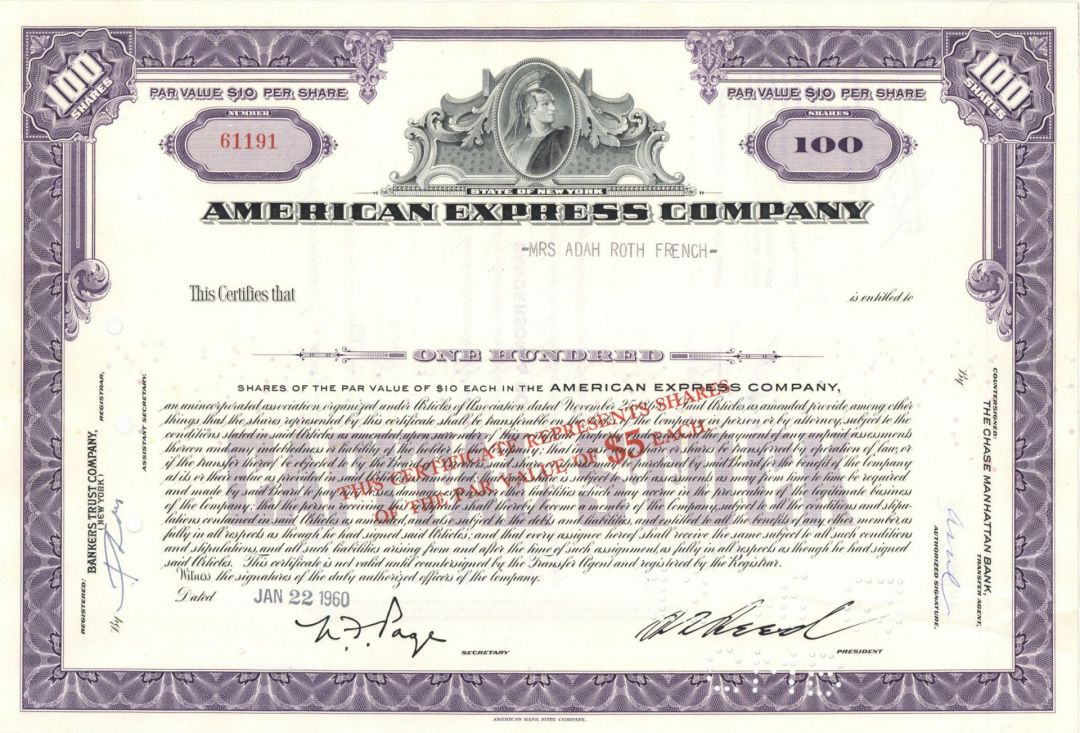 American Express Co. - dated 1960's-70's AMEX Stock Certificate - Famous Credit Card Company