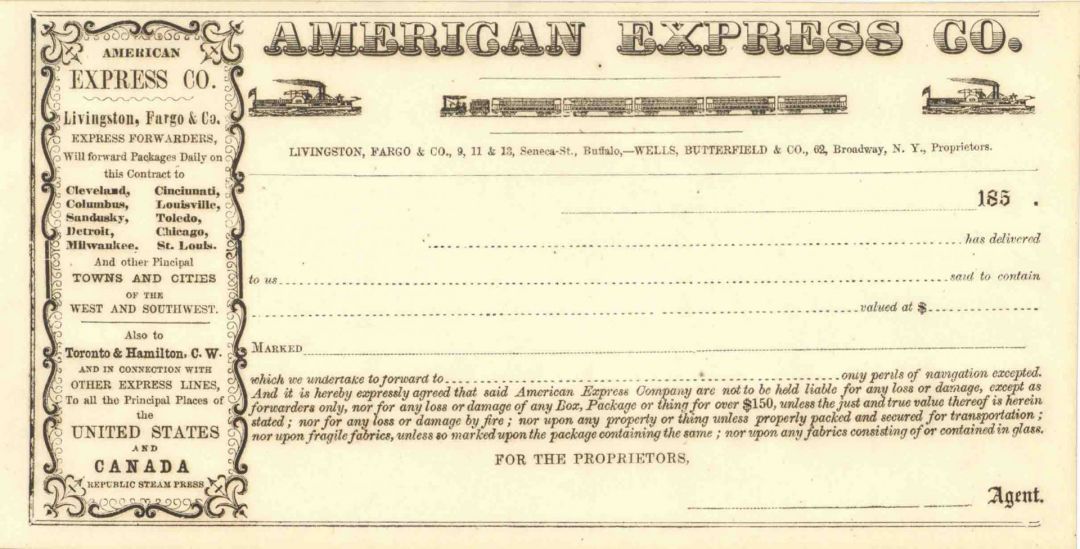 American Express - Livingston, Fargo and Co - Early Unissued Express Receipt