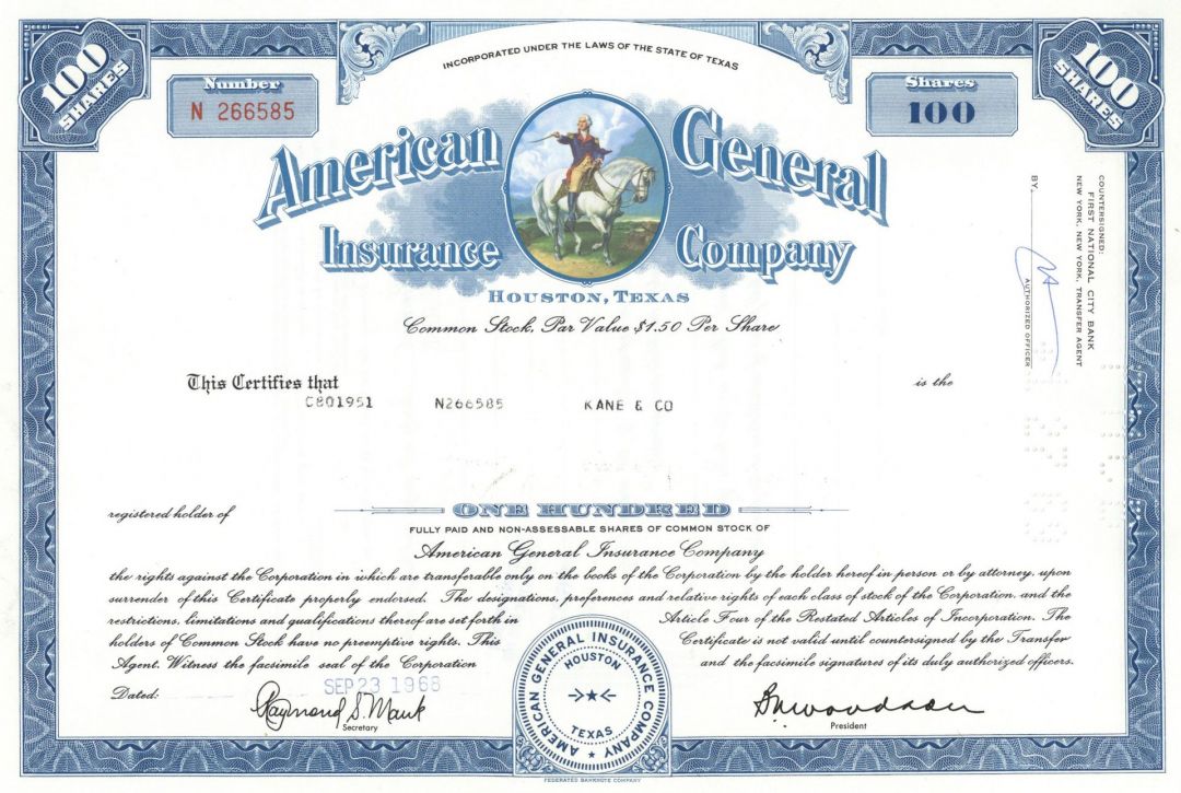 American General Insurance Co. (AIG) - Stock Certificate - Deeply Involved in the 2007-2008 Financial Crisis