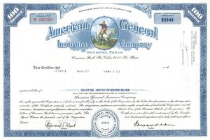 American General Insurance Co. - 1960's dated Stock Certificate - Bought Out by AIG in 2001 - Multicolored Vignette of George Washington on Horseback