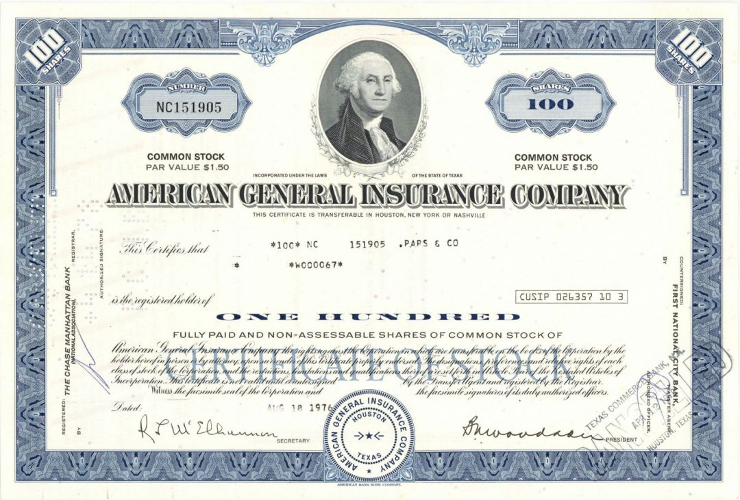 American General Insurance Co. (AIG) - Stock Certificate - Deeply Involved in the 2007-2008 Financial Crisis