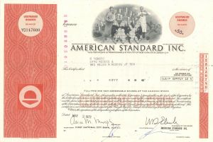 American Standard Inc. - 1970's Stock Certificate - Global Manufacturer of Plumbing, Heating, Ventilating and Air Conditioning Systems