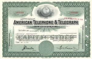 American Telephone and Telegraph - AT&T - Communications Stock Certificate