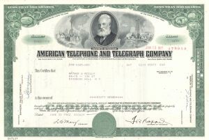 American Telephone and Telegraph Co. - AT&T - 1960's-70's dated Stock Certificate - Alexander Graham Bell Vignette