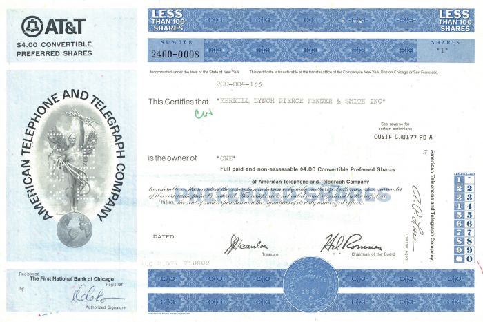 American Telephone and Telegraph Company Stock Certificate 