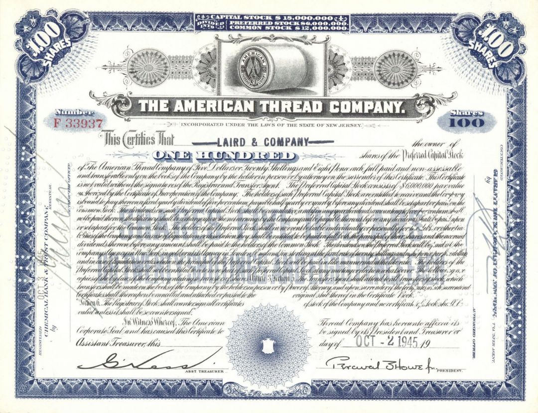 American Thread Co. - Stock Certificate