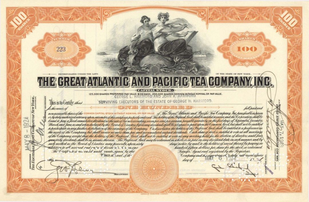 Great Atlantic and Pacific Tea Company, Inc. - The Great A & P - 1924 dated Stock Certificate - American Chain of Grocery Stores