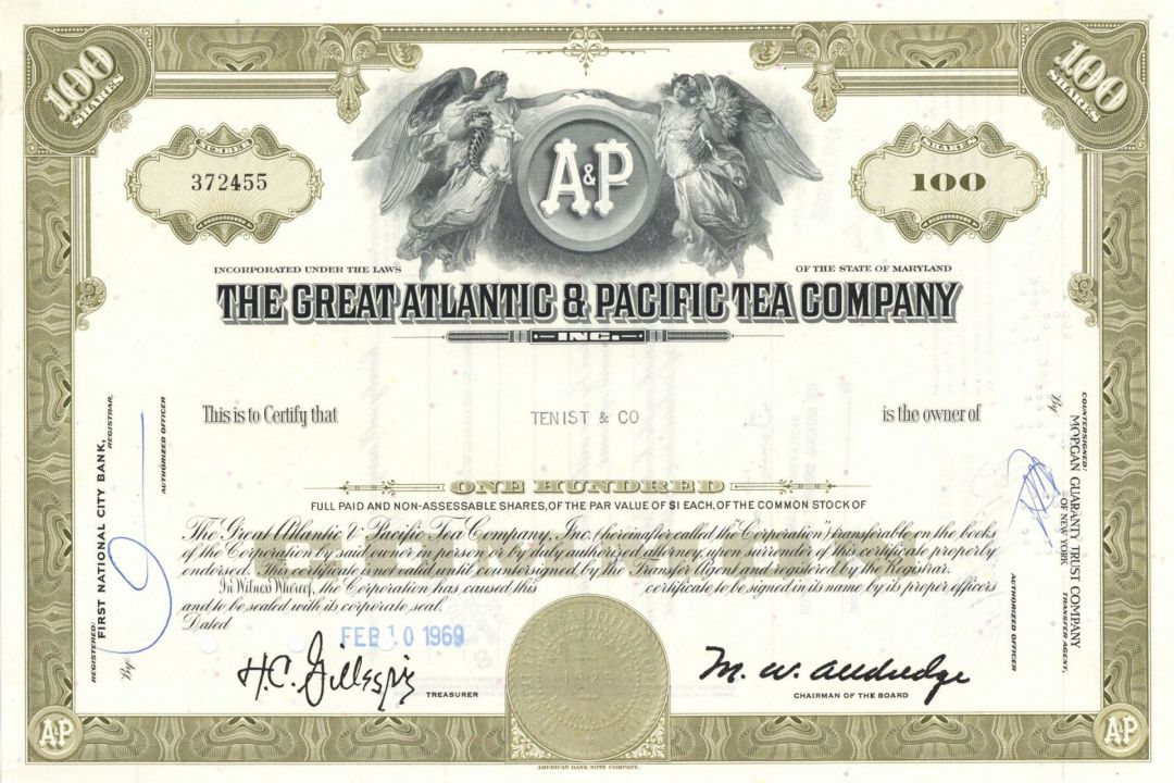 Atlantic and Pacific Tea Co. - The Great A & P - 1960's-70's dated Stock Certificate - American Chain of Grocery Stores