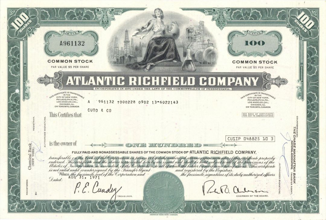 Atlantic Richfield Co. - ARCO Gas Stations Co. - dated 1960's-70's Gasoline and Oil Stock Certificate - Available in Green, Orange or Red