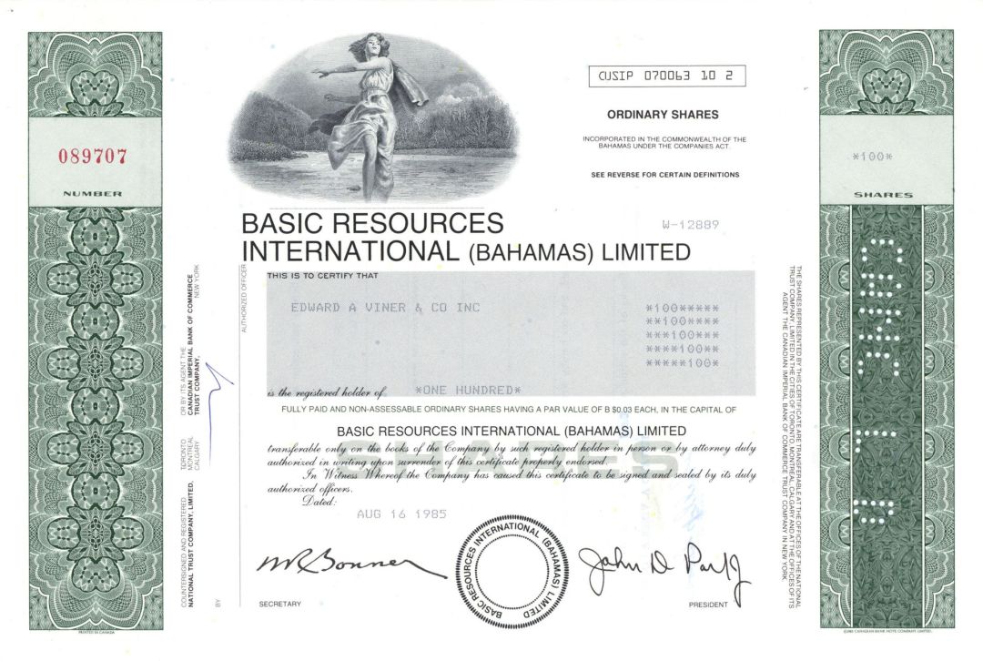 Basic Resources International (Bahamas) Ltd - 1980's dated Stock Certificate - Anadarko Petroleum Acquired Basic